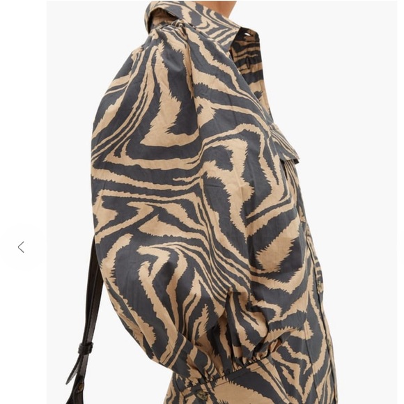 Ganni Puff-Sleeve Tiger-Print Cotton Shirtdress Shift Dress Button Down Collared - Picture 3 of 9